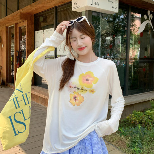 防晒罩衫 龙妹家白色圆领印花长袖 薄款 T恤女2025夏季 宽松上衣 新款