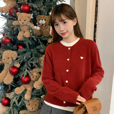 【加绒加厚】红色毛衣开衫外套