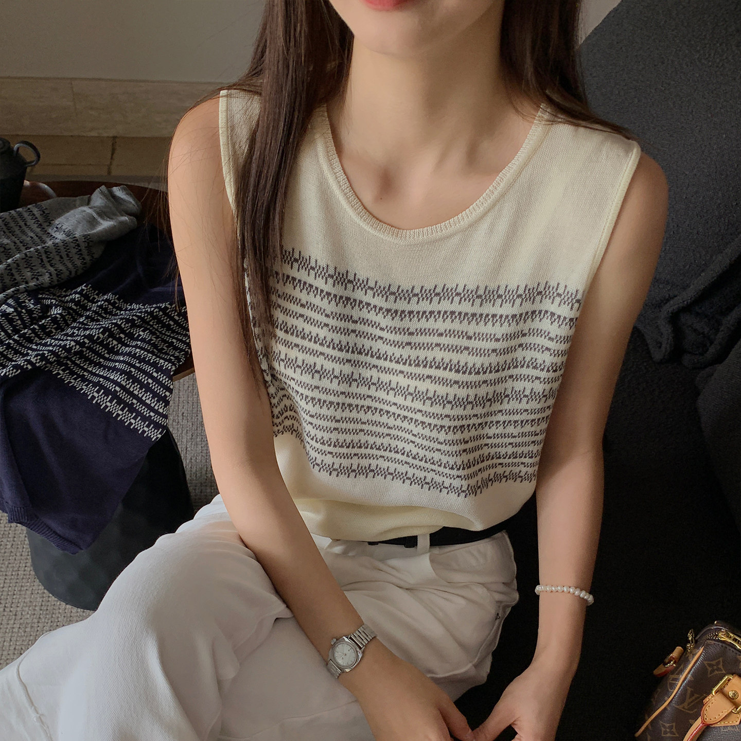 龙妹杏色条纹亚麻针织吊带背心女夏外穿2026新款莱赛尔无袖小上衣