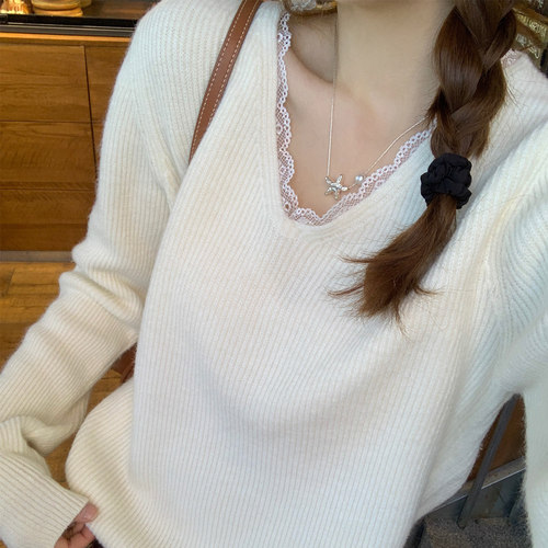 【V领蕾丝打底衫】高级感针织衫