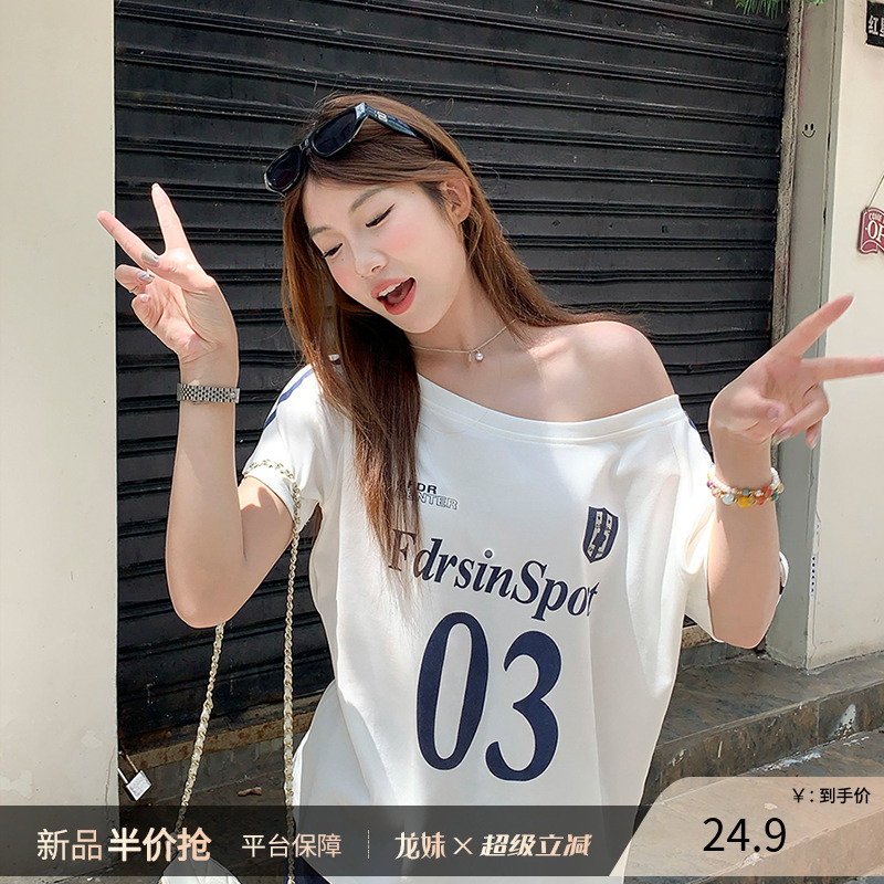 夏季美式字母印花斜肩短袖T恤女