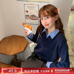 假两件毛衣针织上衣 秋冬季 龙妹家蓝色POLO领打底衫 女内搭2025新款