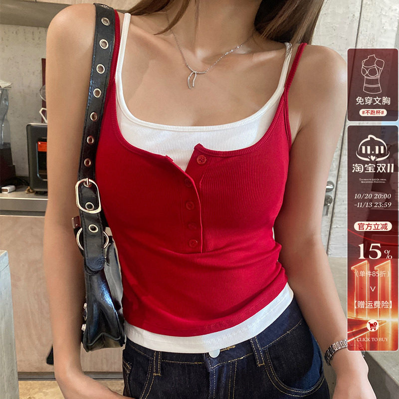 龙妹红色带胸垫吊带背心女内搭夏秋新款外穿假两件打底无袖小上衣