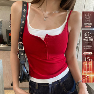 龙妹红色带胸垫吊带背心女内搭夏秋新款外穿假两件打底无袖小上衣