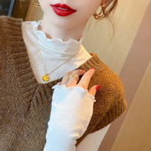 白色半高领薄款 上衣 木耳边内搭高级感长袖 中领打底衫 女2025秋新款