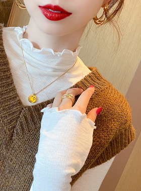 白色半高领薄款中领打底衫女2025秋新款木耳边内搭高级感长袖上衣