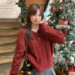 龙妹家V领加绒加厚红色毛衣女内搭打底衫 针织上衣外穿 2025冬新款