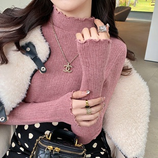 龙妹家粉红色半高领打底衫女内搭毛衣2026春季新款木耳边针织上衣