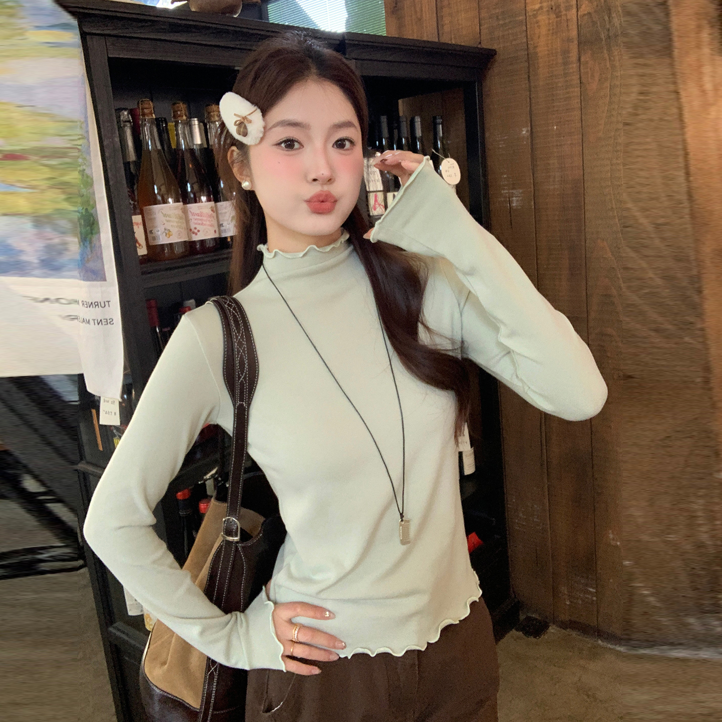 【木耳边打底衫】半高领长袖上衣