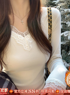 龙妹家白色V领加绒打底衫女士内搭2025冬新款修身长袖T恤蕾丝上衣