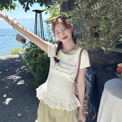 白色蕾丝印花短袖T恤女