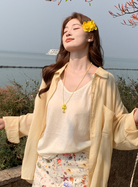 龙妹家杏色大码吊带背心黄色套装宽松薄款2025女夏日超火绝美穿搭