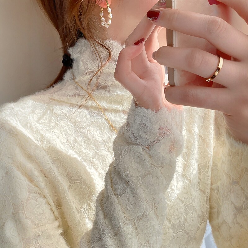 加绒加厚白色蕾丝打底衫女内搭秋冬季2026新款半高领长袖气质上衣