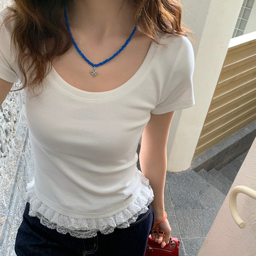 白色独特下摆蕾丝花边短袖T恤女