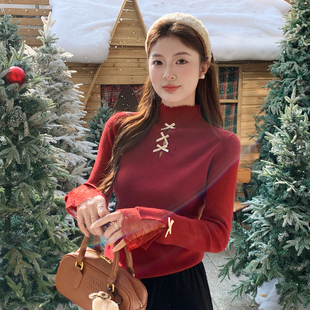 龙妹家高领红色毛衣女内搭蕾丝打底衫2025新款冬季木耳边针织上衣