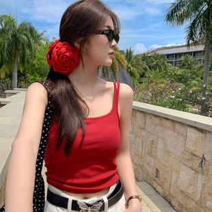 上衣 外穿美背带胸垫一体吊带红色打底短款 小背心女内搭夏季 新款