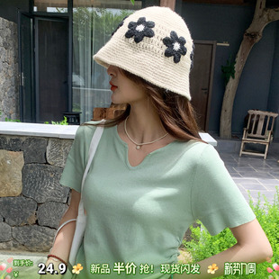 褶皱小上衣 修身 龙妹家绿色V领针织短袖 T恤女外穿内搭2026春夏新款