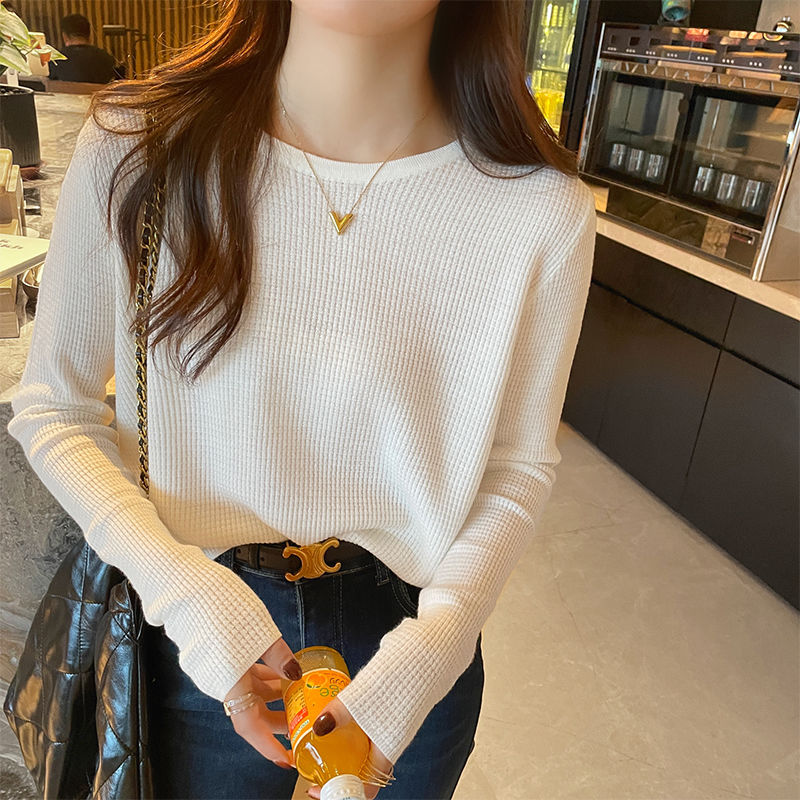 长袖t恤女2025新款春季高级感白色打底衫内搭宽松圆领华夫格上衣