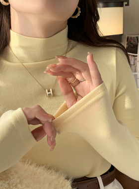 奶黄色磨毛加绒半高领打底衫女内搭2025秋冬新款小个子高级感上衣