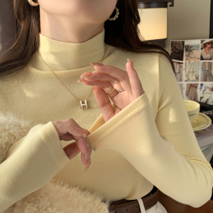 奶黄色磨毛加绒半高领打底衫女内搭2025秋冬新款小个子高级感上衣