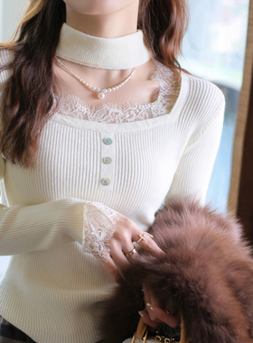 白色蕾丝挂脖针织打底衫女内搭2025早秋新款时尚毛衣外穿修身上衣