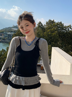 灰色假两件打底衫女内搭2025秋季新款叠穿吊带小背心外穿针织上衣