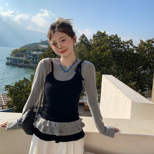 灰色假两件打底衫女内搭2026秋季新款叠穿吊带小背心外穿针织上衣