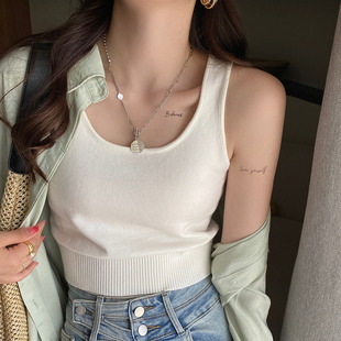 修身 吊带小背心女夏绝美内搭抹胸宽肩带打底白色针织外穿短款 上衣
