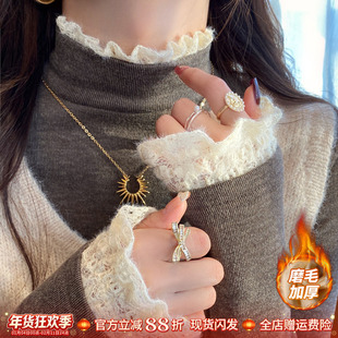 半高领蕾丝磨毛打底衫女内搭2025年秋冬季新款高级感加绒加厚上衣