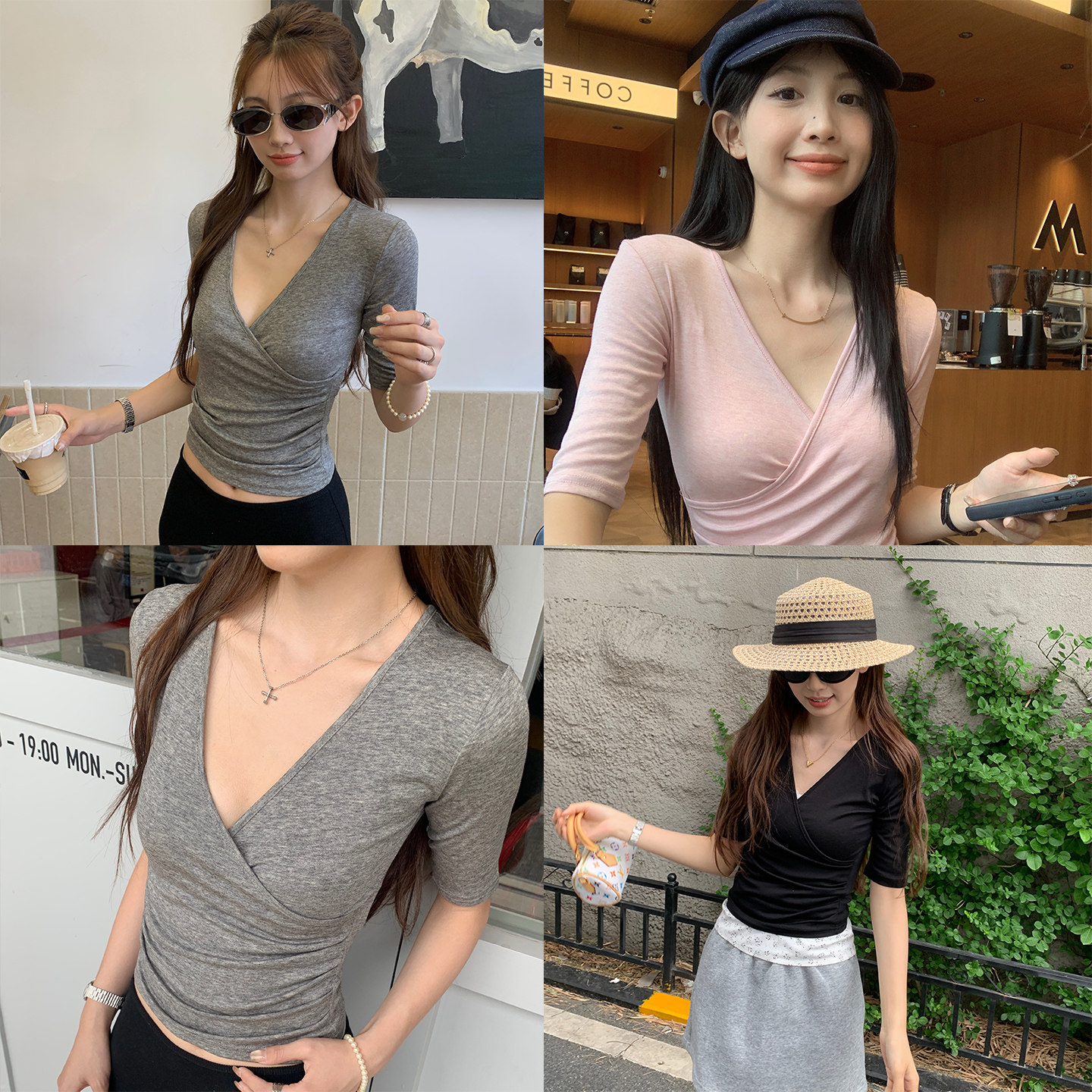 龙妹灰色天丝V领羊毛短袖T恤女夏2026新款设计修身五分袖紧身上衣