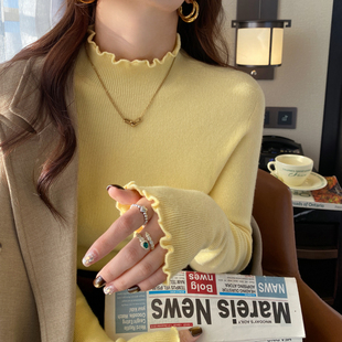 龙妹家黄色针织打底衫女内搭高级感2025冬新款木耳边毛衣气质上衣