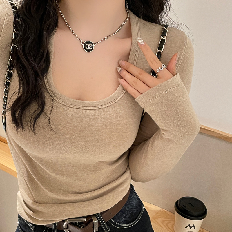 修身长袖纯色U型领T恤女