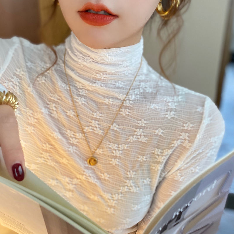 蕾丝打底衫女春秋2023新款白色网纱小衫洋气内搭修身显瘦长袖上衣