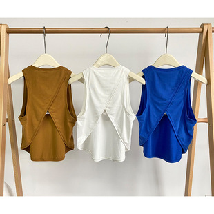 跑步瑜伽上衣 砍袖 辣妈丁丁 交叉镂空速干运动背心女显瘦训练罩衫