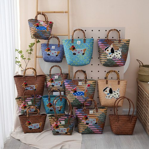 腊肠狗菜篮子上班通勤包手提包复古竹节包防水编织包饭盒包手拎包