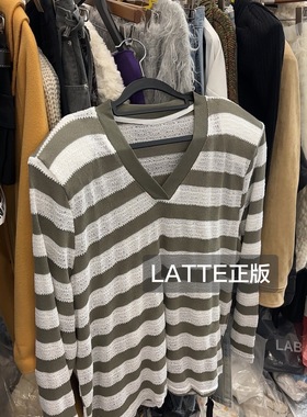 LATTE正版新款 绿色条纹宽松V领条纹长袖T恤女