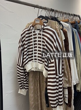 LATTE正版春季新款 咖色条纹垫肩连帽短款卫衣外套女