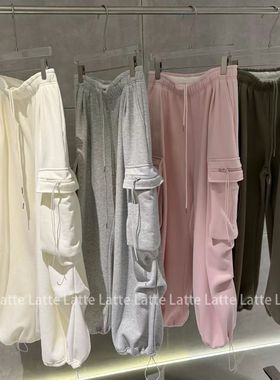 LATTE正版冬季新款 松紧腰百搭厚实工装大口袋加绒卫裤休闲裤女