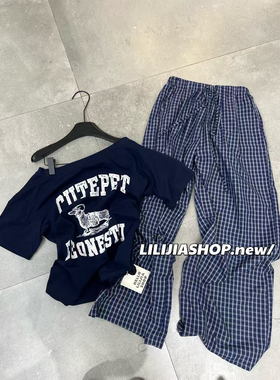 杭州LILI新款 藏蓝色斜肩图案短袖T恤加格子休闲裤套装女