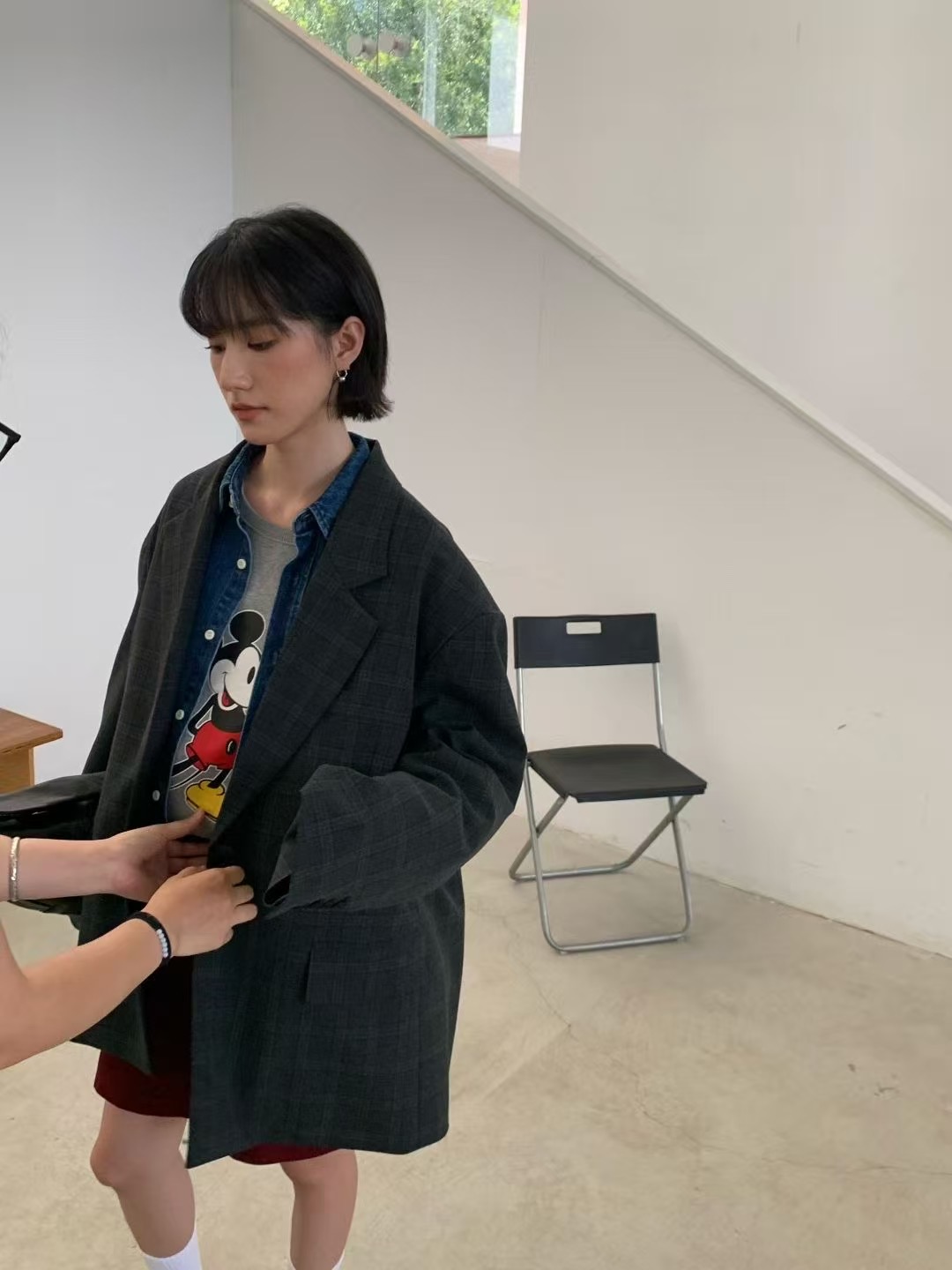 BELLATAG正版秋季新品 复古宽松阔肩格子西装女