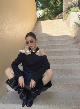 十三行DG正版 早秋新款交叉漏肩设计长袖宽松T恤女