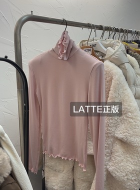 LATTE正版新款 高领花边感觉的粉色长袖加厚打底衫女