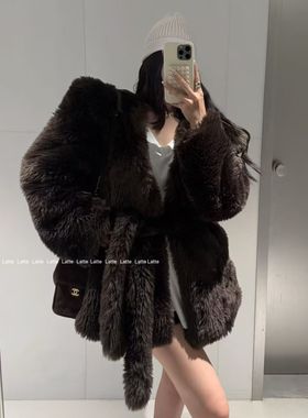 LATTE正版冬季新款 年货款咖色宽松慵懒毛毛外套女