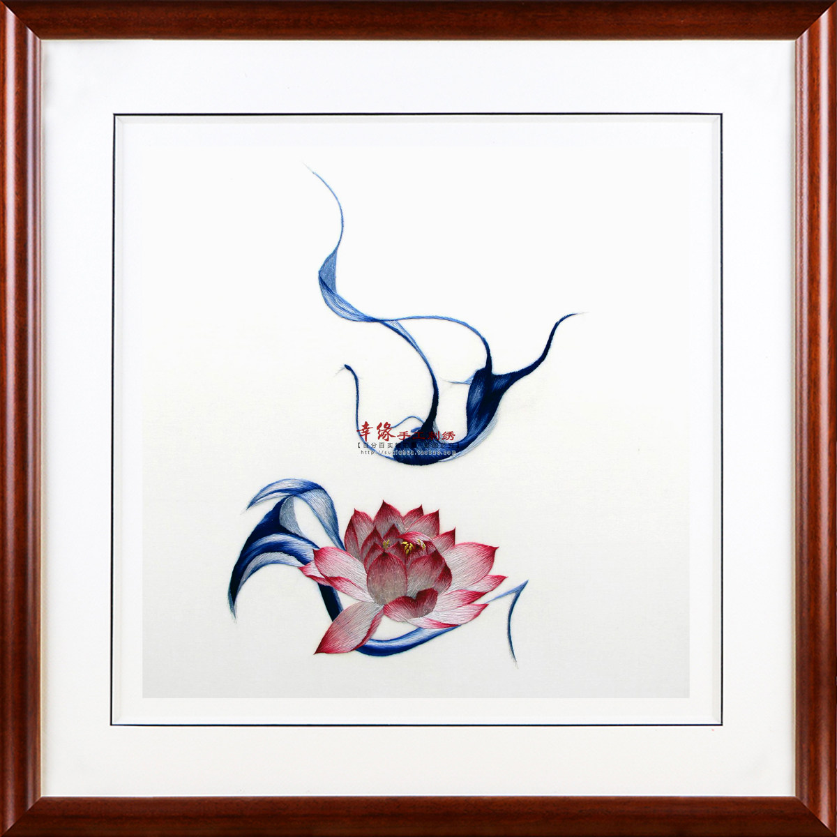 苏绣蚕丝线水墨画系列挂画 手工刺绣精品瓷瓶荷花 家居装饰刺绣画