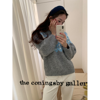 黄峥复古氛围感厚款提花毛衣女25冬季保暖套头长袖针织上衣541143