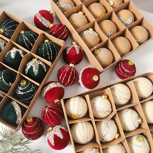 圣诞6cm酒红色植绒圣诞球套装