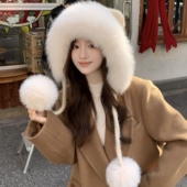 甜美可爱狐狸毛毛护耳帽子女秋冬季 保暖加绒连帽大毛球装 饰皮草帽