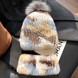 韩国可爱真獭兔毛毛帽子围脖套装女士冬季保暖加厚二件套皮草帽围