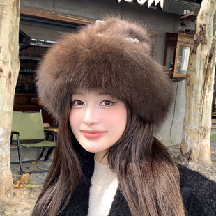 真狐狸毛皮草护耳帽子女秋冬高级感骑车保暖加绒渔夫帽盆帽显脸小