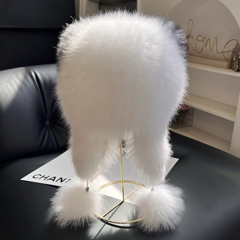 新款皮草帽子狐狸毛编织配毛球球可爱帽冬季保暖护耳卡通女帽加绒